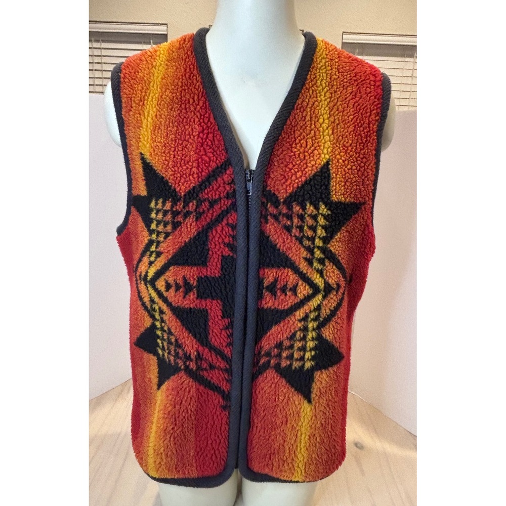 Starfire Vintage USA Southwestern Sherpa Fleece Zip Up Vest Red Orange Size 10